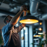 A photograph of a skilled lighting contractor expertly installing or adjusting a stylish commercial hanging light fixture in a modern workspace