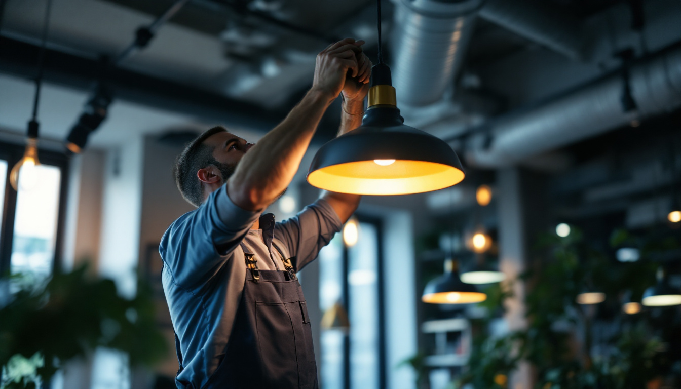 A photograph of a skilled lighting contractor expertly installing or adjusting a stylish commercial hanging light fixture in a modern workspace