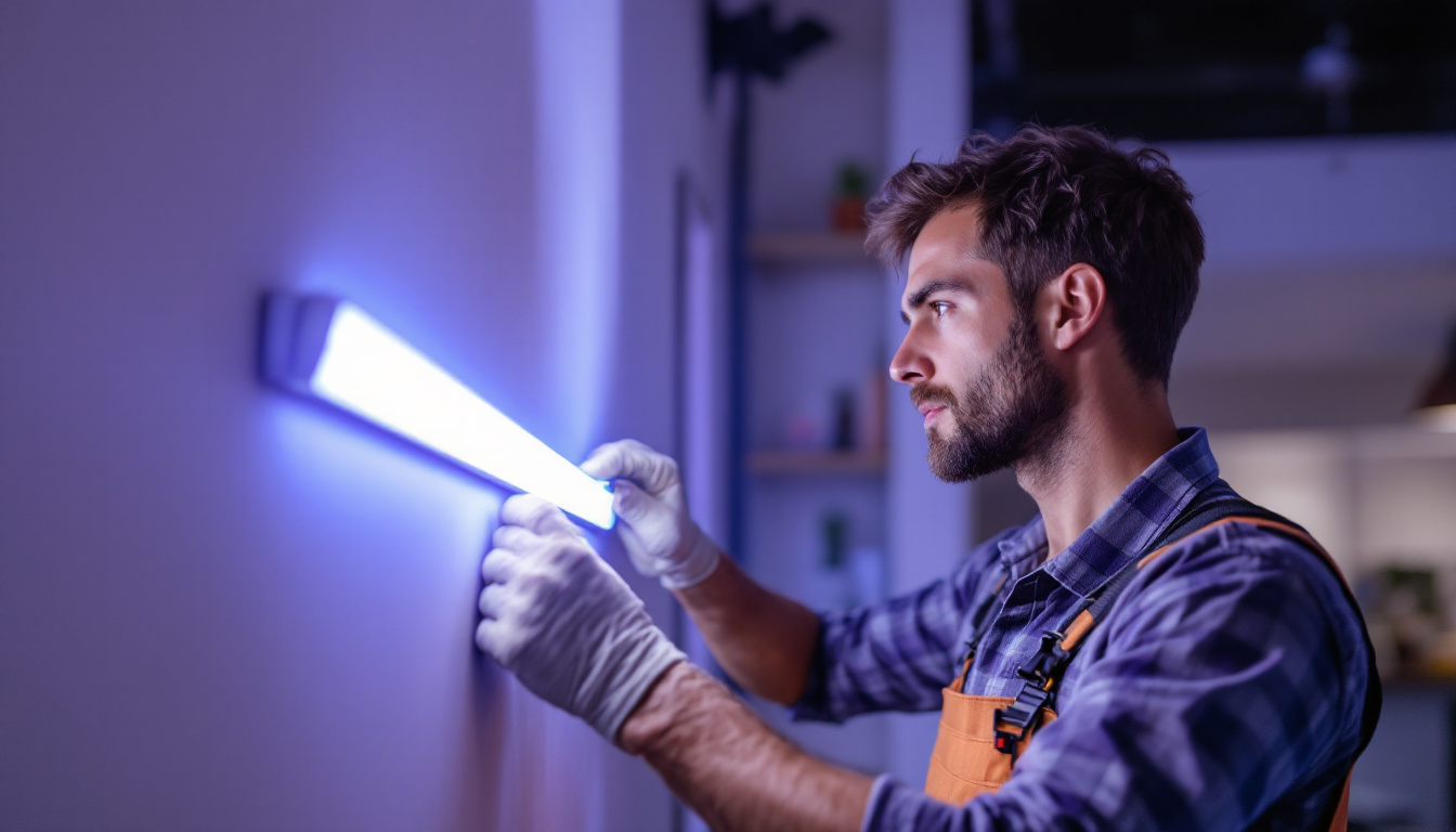A photograph of a lighting contractor installing a 4ft led strip light in a modern indoor setting