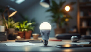 A photograph of a well-lit workspace featuring a 4.5-w-60 bulb in use