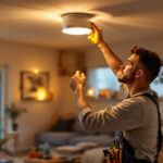 A photograph of a skilled lighting contractor expertly replacing a canister light fixture in a modern home setting