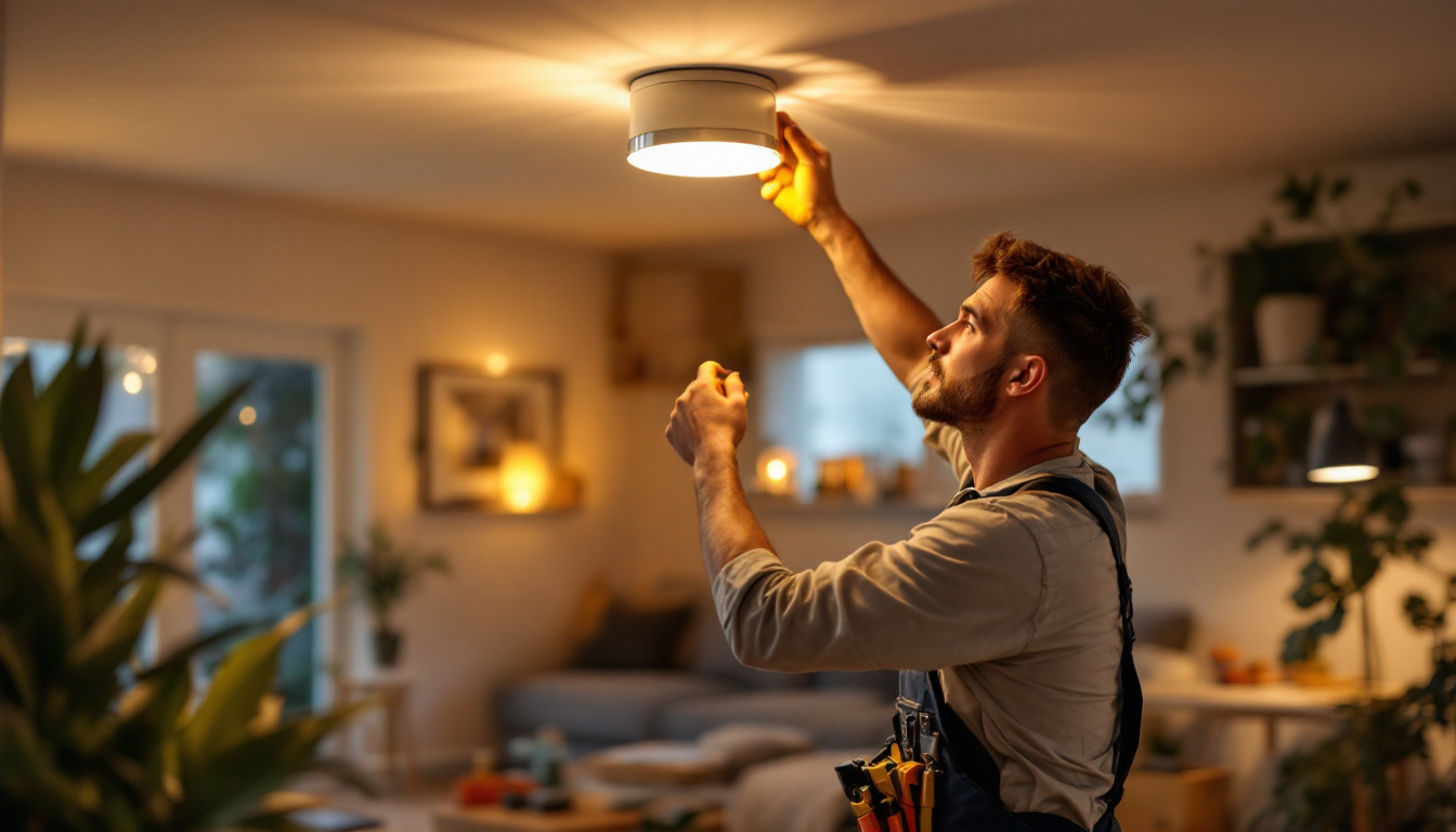 A photograph of a skilled lighting contractor expertly replacing a canister light fixture in a modern home setting