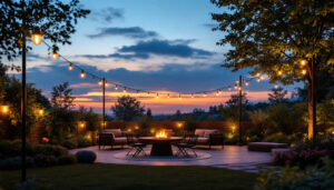 A photograph of a beautifully illuminated outdoor space at dusk