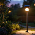 A photograph of a beautifully lit outdoor setting featuring a stylish solar post light illuminating a pathway or garden