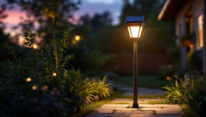 A photograph of a beautifully lit outdoor setting featuring a stylish solar post light illuminating a pathway or garden