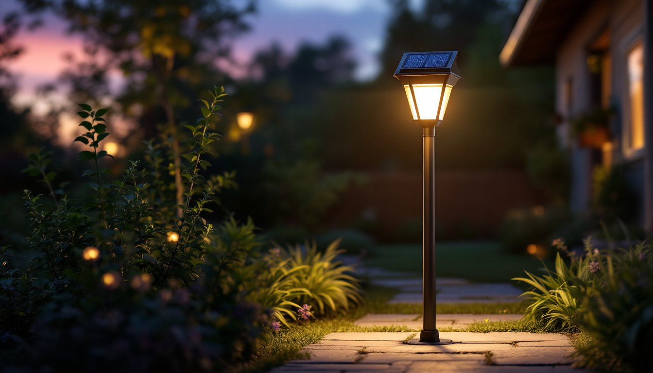 A photograph of a beautifully lit outdoor setting featuring a stylish solar post light illuminating a pathway or garden
