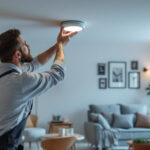 A photograph of a professional lighting contractor installing replacement led recessed lights in a modern home setting
