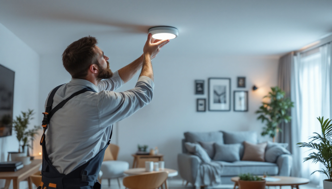 A photograph of a professional lighting contractor installing replacement led recessed lights in a modern home setting