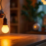 A photograph of a type t lamp bulb glowing warmly in a modern