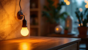 A photograph of a type t lamp bulb glowing warmly in a modern