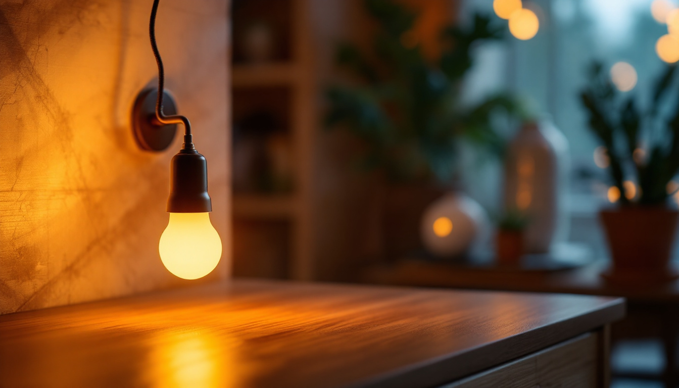 A photograph of a type t lamp bulb glowing warmly in a modern