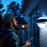 A photograph of a skilled lighting contractor installing a motion-sensing security light on a residential property