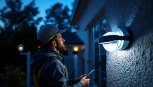 A photograph of a skilled lighting contractor installing a motion-sensing security light on a residential property
