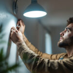 A photograph of a lighting contractor in action