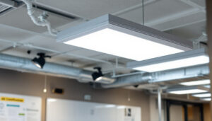 A photograph of a well-lit installation of 2 x 4 flat panel led lights in a modern commercial space