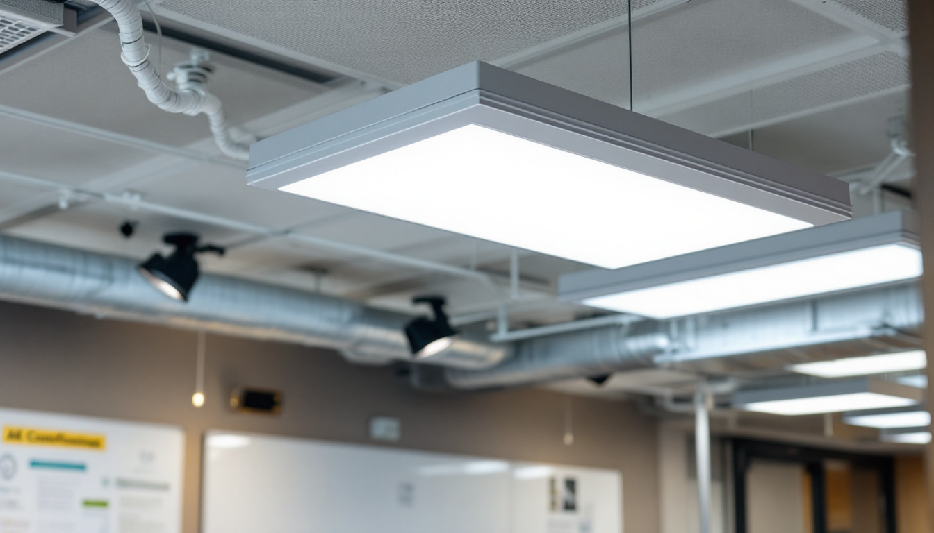 A photograph of a well-lit installation of 2 x 4 flat panel led lights in a modern commercial space