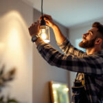 A photograph of a lighting contractor skillfully installing or adjusting a stylish canister light fixture in a modern residential setting