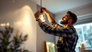 A photograph of a lighting contractor skillfully installing or adjusting a stylish canister light fixture in a modern residential setting