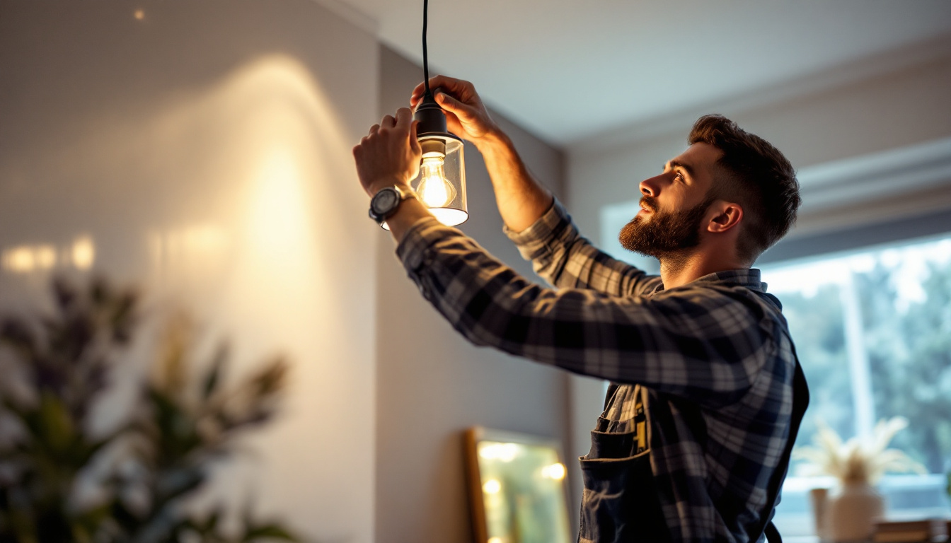 A photograph of a lighting contractor skillfully installing or adjusting a stylish canister light fixture in a modern residential setting