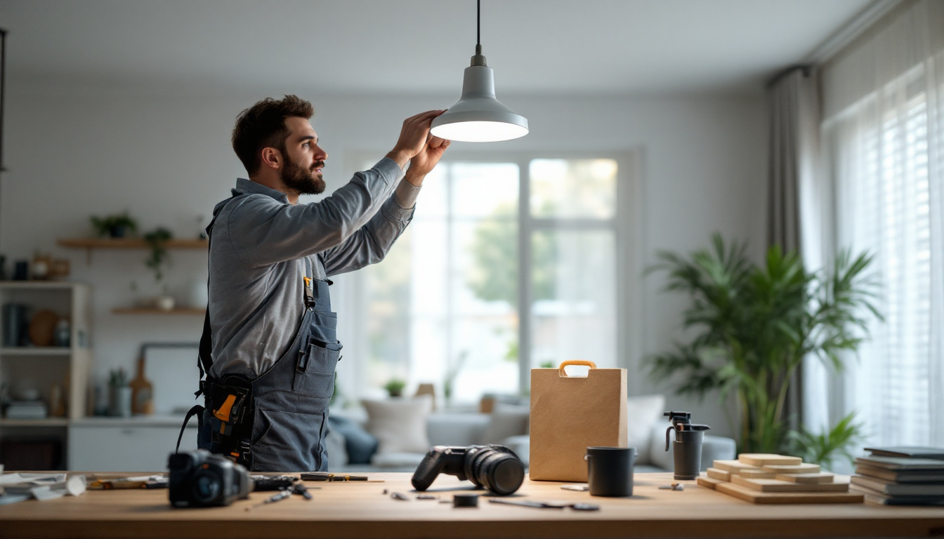 A photograph of a lighting contractor installing a 6-inch led can light in a modern home setting