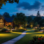 A photograph of a beautifully illuminated outdoor landscape featuring strategically placed flood lights that enhance the natural surroundings