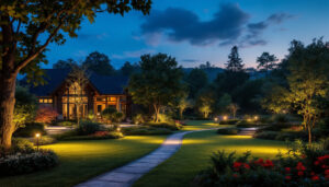 A photograph of a beautifully illuminated outdoor landscape featuring strategically placed flood lights that enhance the natural surroundings