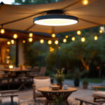 A photograph of capture a photograph of a portable awning ceiling light installed in an outdoor setting