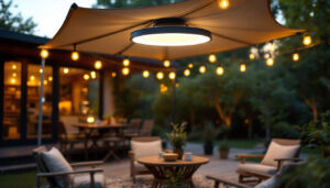 A photograph of capture a photograph of a portable awning ceiling light installed in an outdoor setting