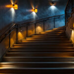 A photograph of a beautifully illuminated staircase featuring a variety of stylish light fixtures