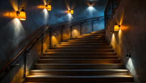 A photograph of a beautifully illuminated staircase featuring a variety of stylish light fixtures