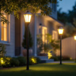 A photograph of a well-lit yard showcasing various styles of light poles