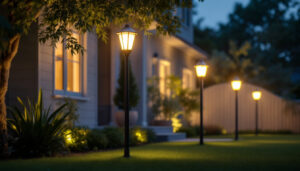 A photograph of a well-lit yard showcasing various styles of light poles