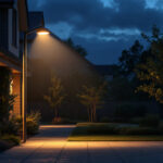 A photograph of a well-lit outdoor scene featuring dusk to dawn security lights illuminating a residential area