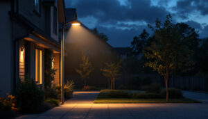 A photograph of a well-lit outdoor scene featuring dusk to dawn security lights illuminating a residential area