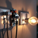 A photograph of a lighting contractor installing a three-way light switch in a modern home setting