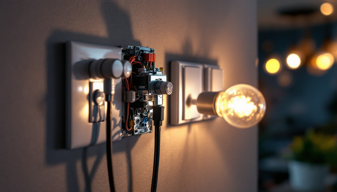 A photograph of a lighting contractor installing a three-way light switch in a modern home setting