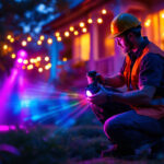 A photograph of a vibrant outdoor scene featuring a lighting contractor installing colorful flood lights at a commercial or residential property