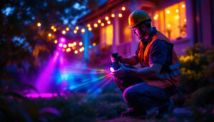 A photograph of a vibrant outdoor scene featuring a lighting contractor installing colorful flood lights at a commercial or residential property