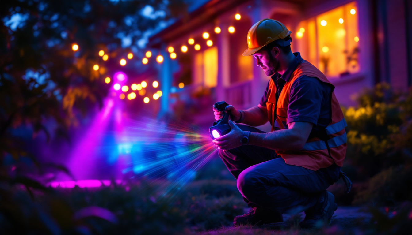A photograph of a vibrant outdoor scene featuring a lighting contractor installing colorful flood lights at a commercial or residential property