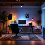 A photograph of a well-lit basement space showcasing various lighting options