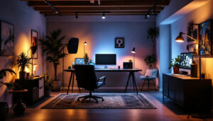 A photograph of a well-lit basement space showcasing various lighting options