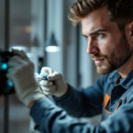 A photograph of a lighting contractor expertly installing low voltage electrical connectors in a modern residential setting