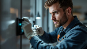 A photograph of a lighting contractor expertly installing low voltage electrical connectors in a modern residential setting
