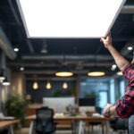 A photograph of a lighting contractor installing a sleek 2x4 led flat panel light in a modern commercial space