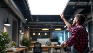 A photograph of a lighting contractor installing a sleek 2x4 led flat panel light in a modern commercial space
