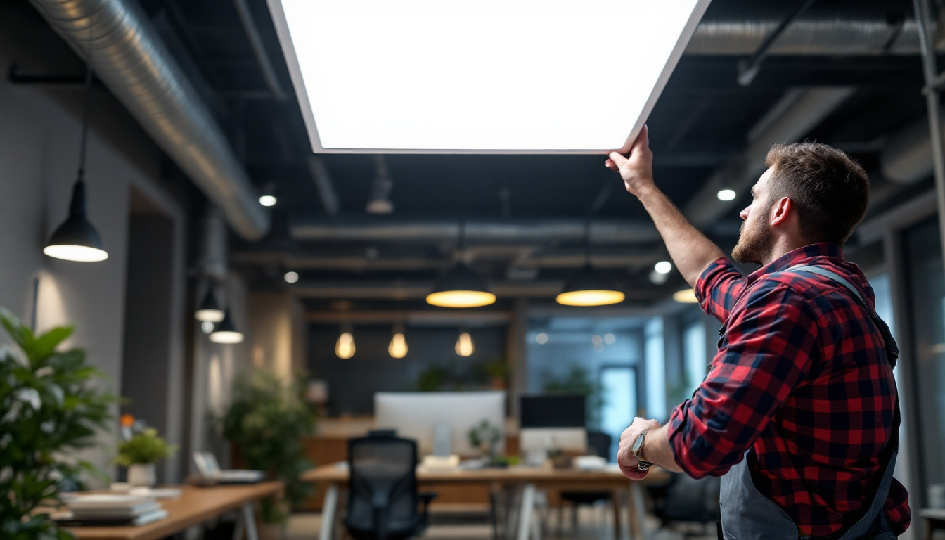 A photograph of a lighting contractor installing a sleek 2x4 led flat panel light in a modern commercial space