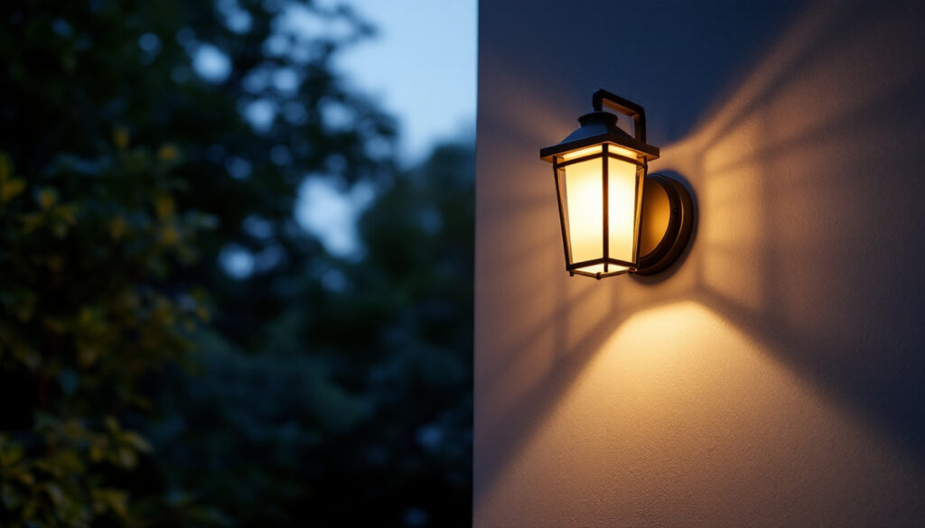 A photograph of a beautifully designed exterior wall-mounted light fixture installed on a stylish home façade