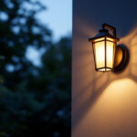 A photograph of a beautifully designed exterior wall-mounted light fixture installed on a stylish home façade