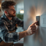 A photograph of a skilled lighting contractor installing a stylish light switch outlet in a modern home setting