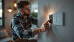 A photograph of a skilled lighting contractor installing a stylish light switch outlet in a modern home setting